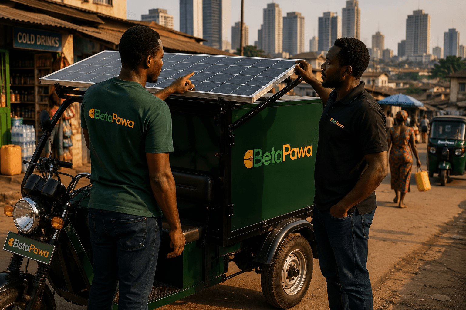 Two Betapawa colleagues on a Lagos street inspecting the solar panel on a branded electric tricycle, with the city skyline behind them
