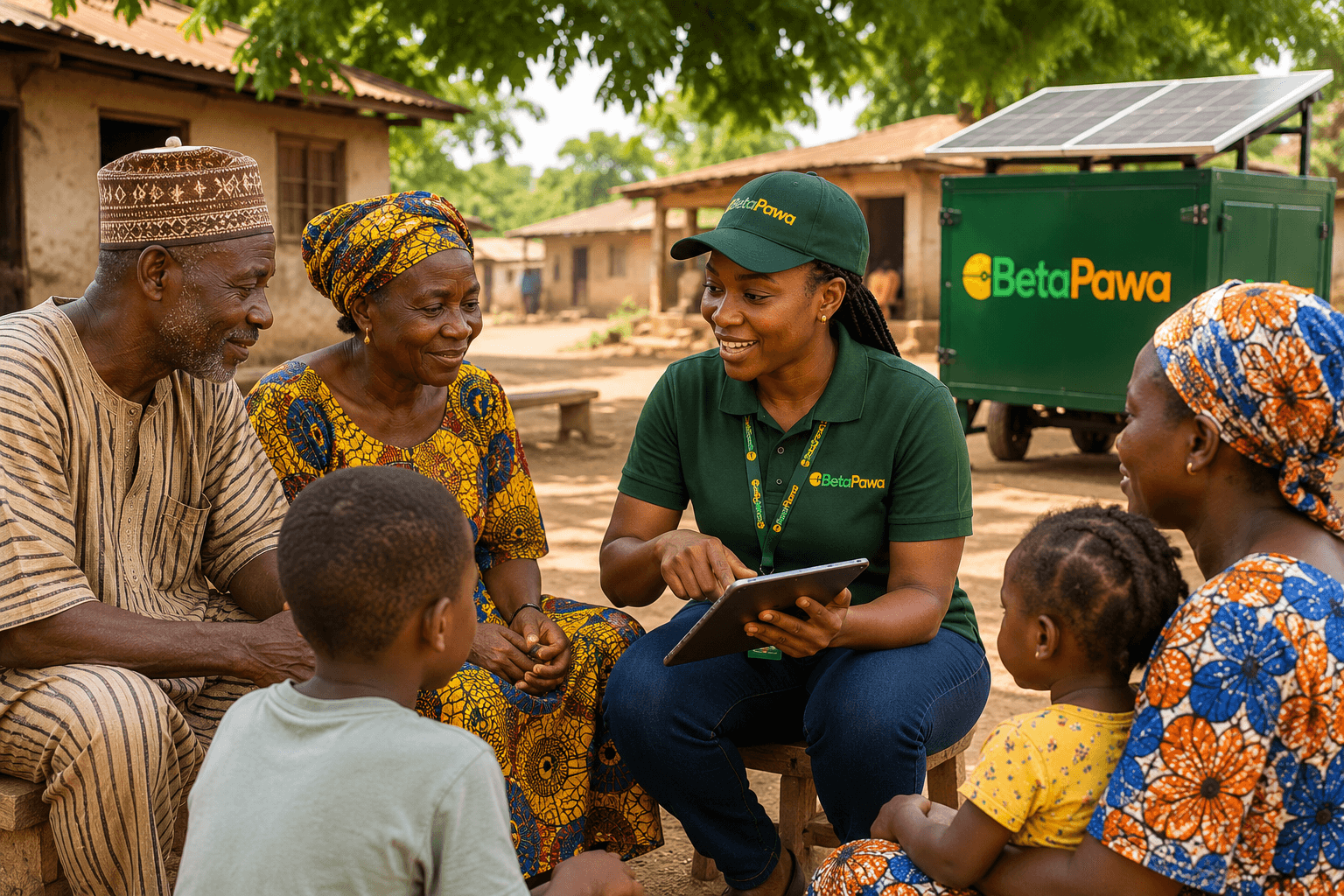 A Betapawa community officer showing a tablet to village residents seated beside a solar power unit