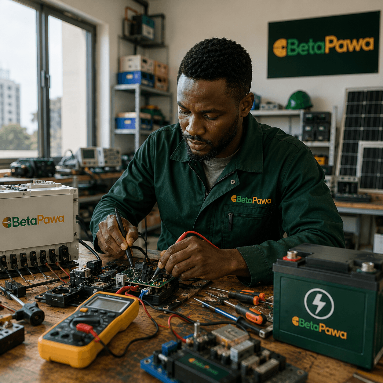 An engineer in Betapawa workwear testing a circuit board at a bench beside solar panels and battery units