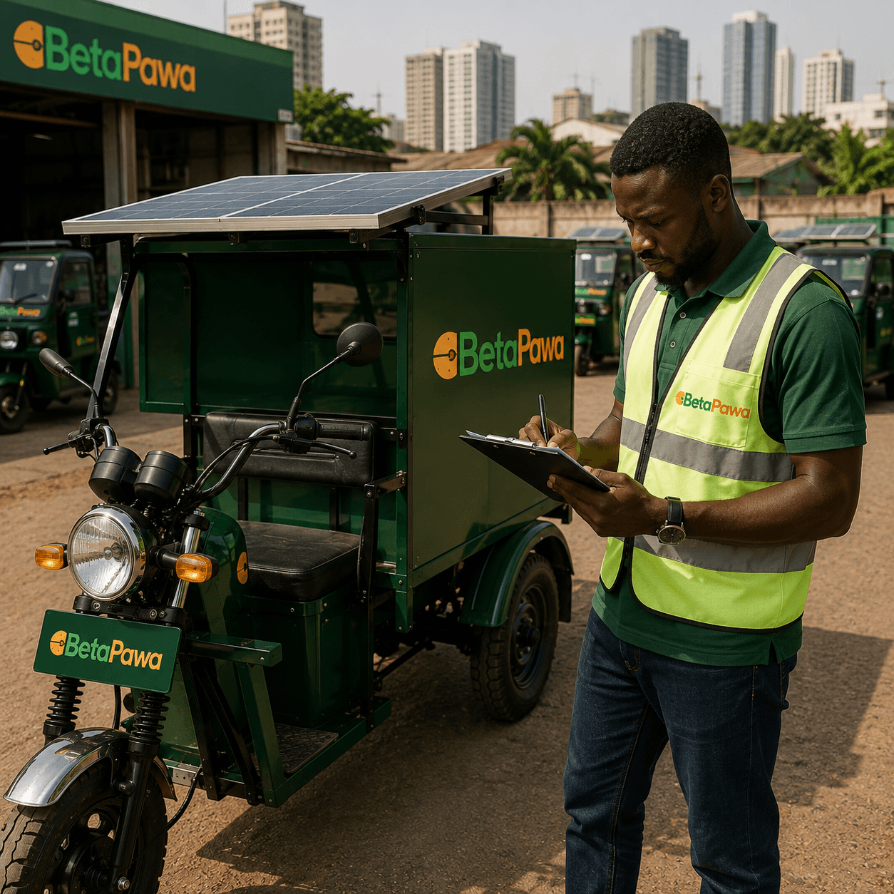 A field operator in a hi-vis vest checking a clipboard beside a branded Betapawa solar tricycle at the depot