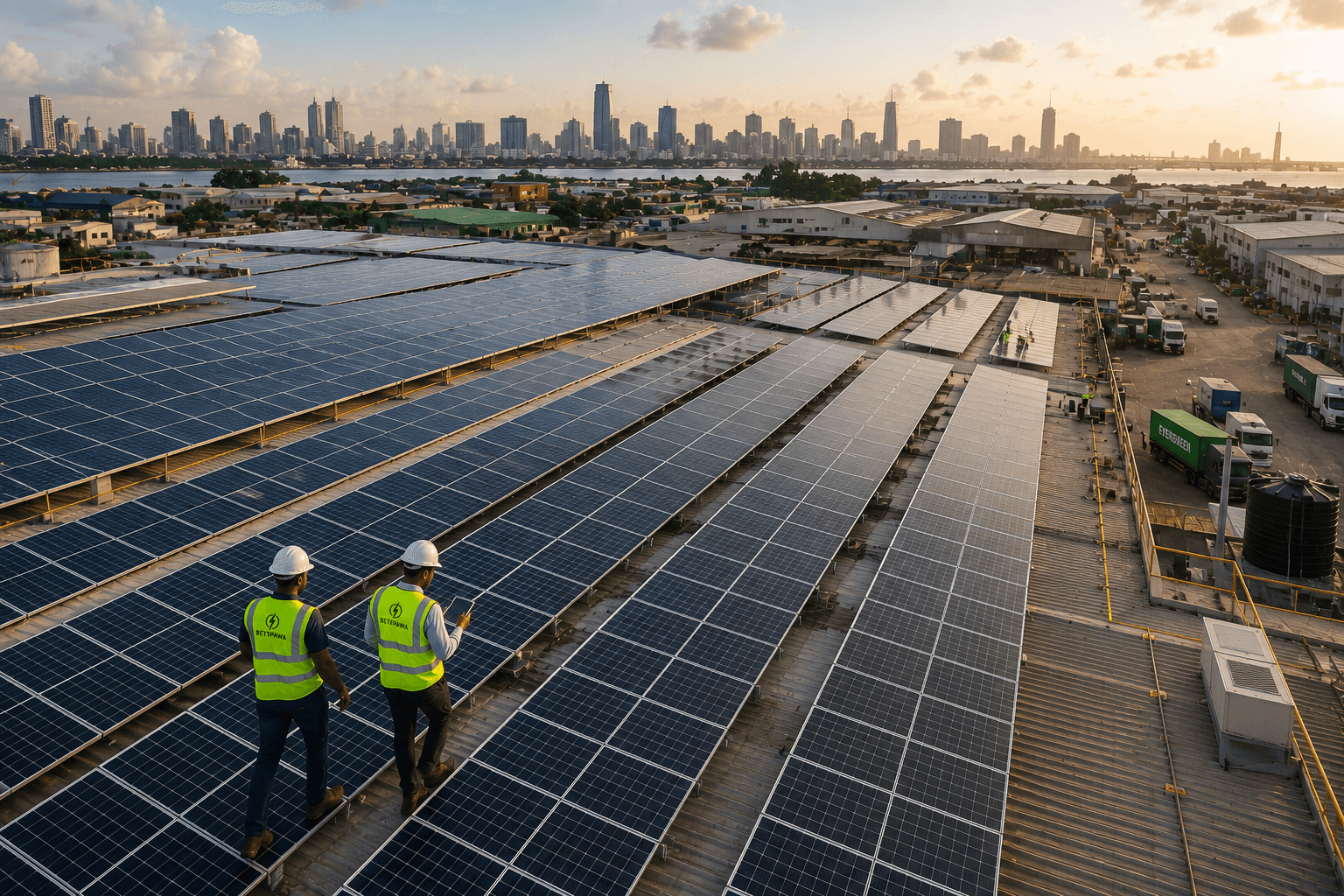 Two technicians in hard hats inspecting long rows of solar panels across a commercial warehouse rooftop, with the Lagos skyline behind