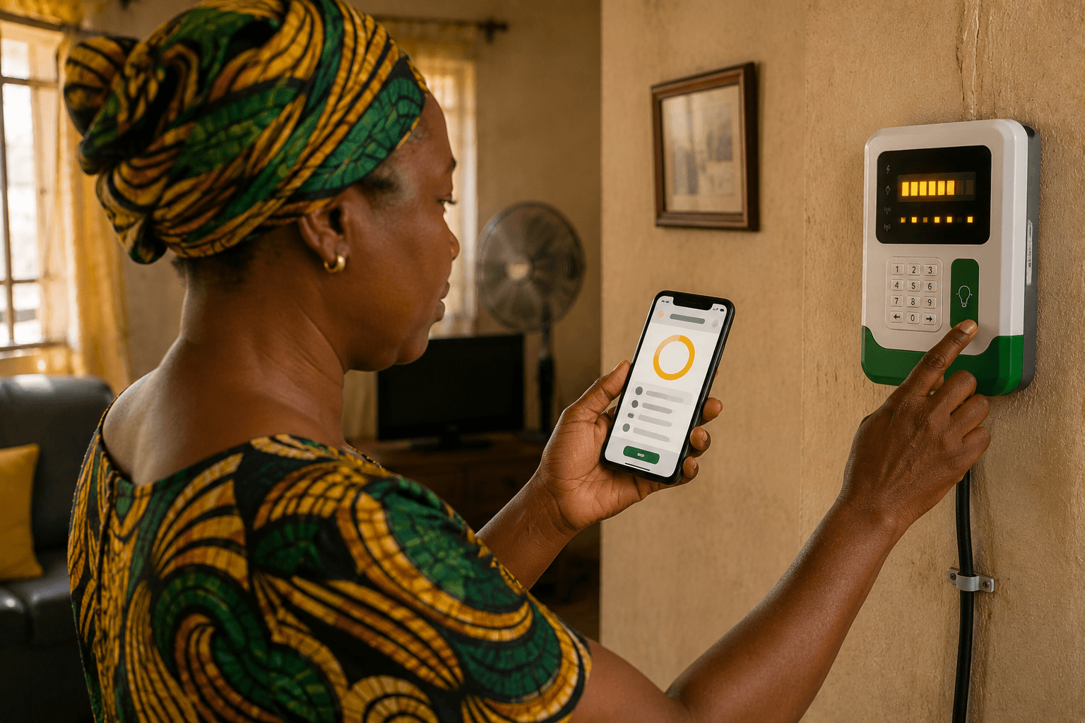 A woman topping up her prepaid electricity meter from the Betapawa app on her phone at home
