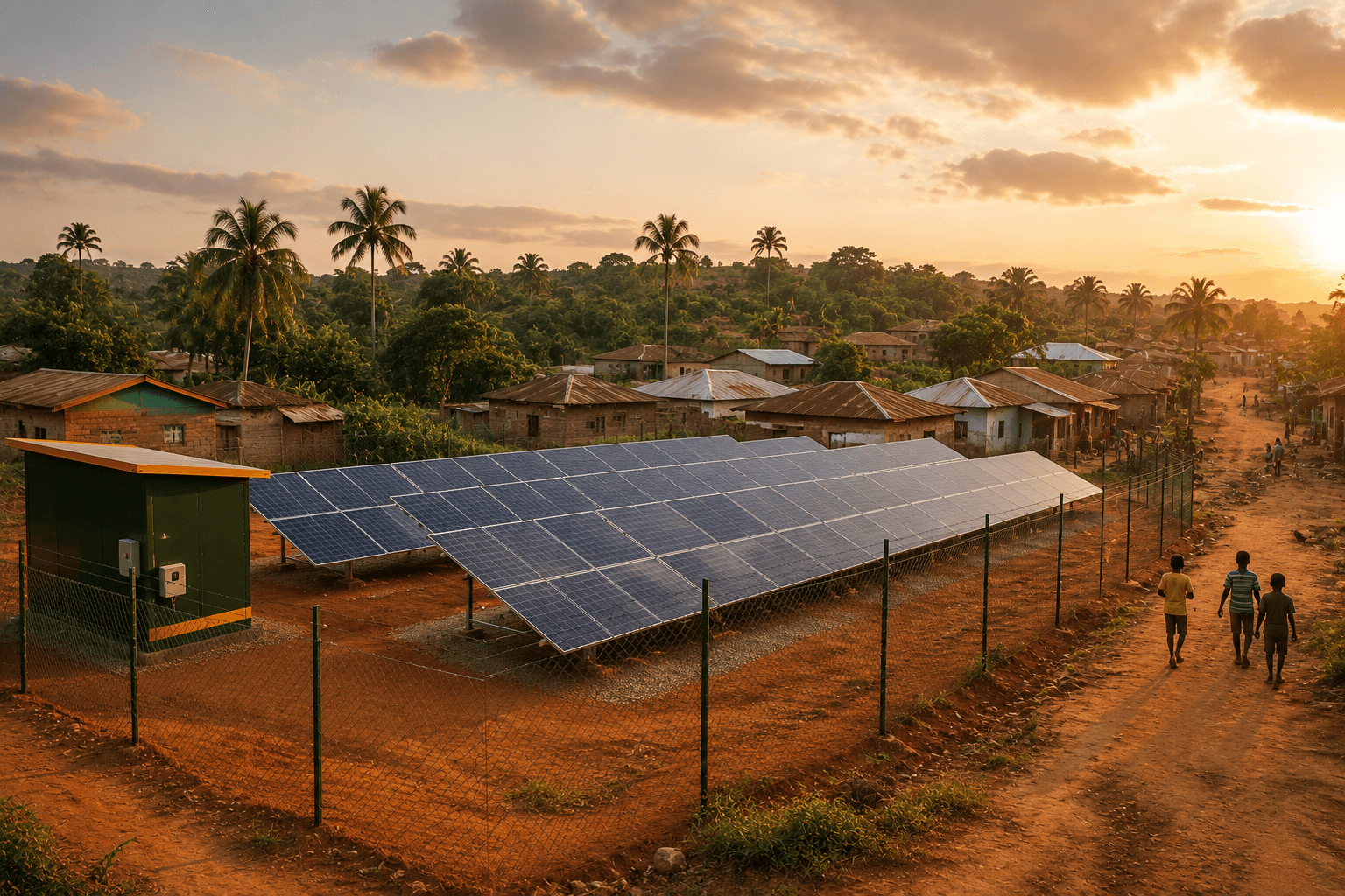 A fenced community solar mini-grid at the edge of a village at sunset, with residents walking the road alongside