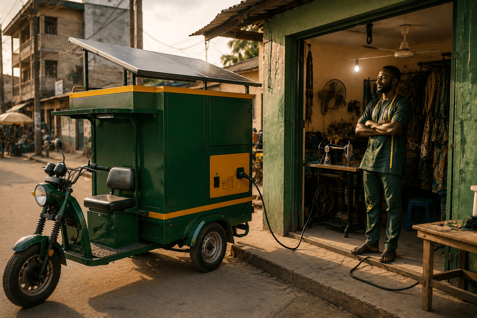 A Betapawa solar tricycle parked outside a tailor’s shop in Lagos, powering it through a cable while the owner looks on