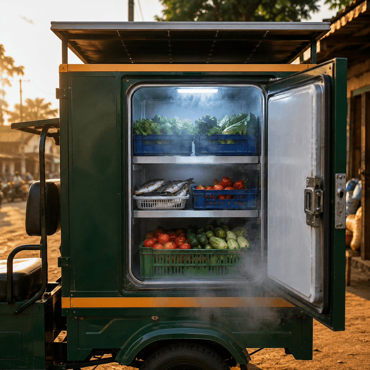 The open cold-storage box on a Betapawa solar tricycle, chilled air spilling out over shelves of leafy greens, fish, tomatoes and cucumbers