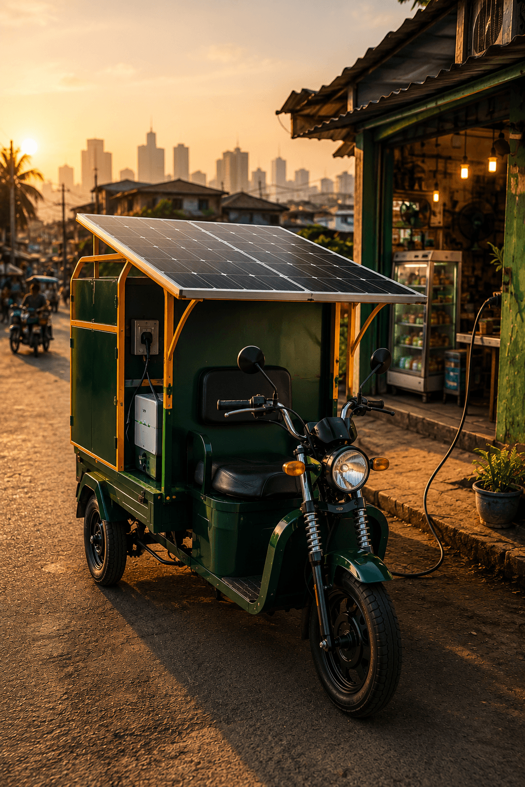 A solar-panelled Betapawa electric tricycle parked on a Lagos street at golden hour, powering a roadside shop’s refrigerator through a cable